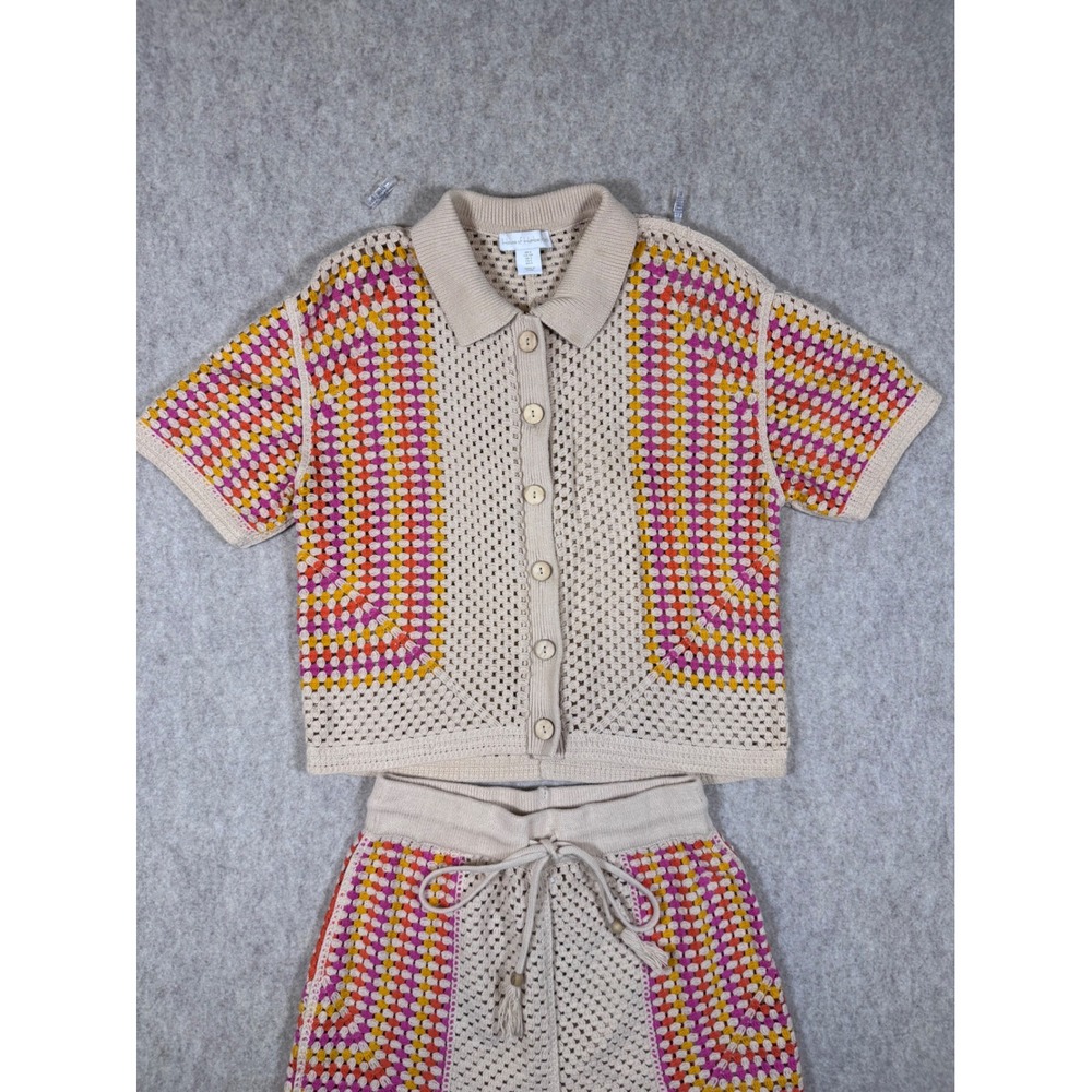k56. House of Harlow 1960 Crochet Knit 2 Piece Set Polo Shirt and Shorts Small - Picture 2 of 8